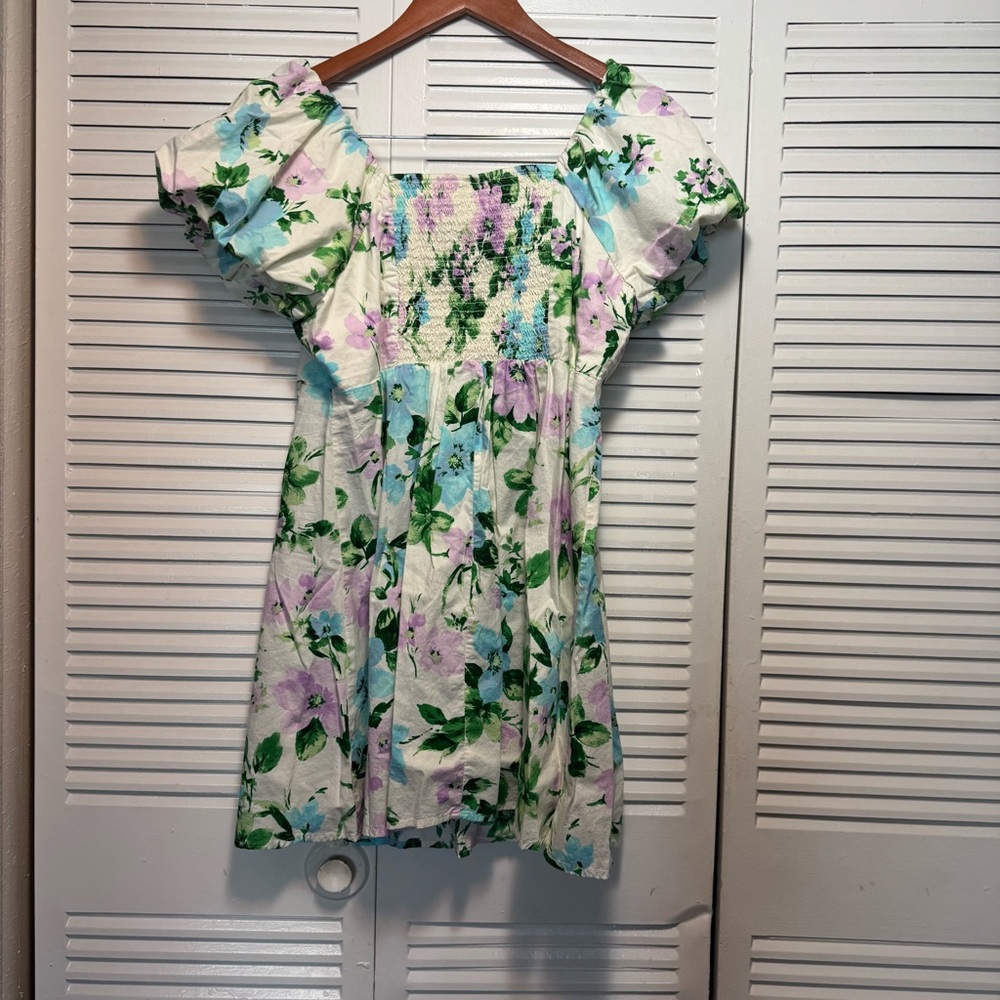 Old Navy Mini Dress Blue Purple Floral Cotton Smocked Puff Babydoll Size LP - Picture 5 of 6